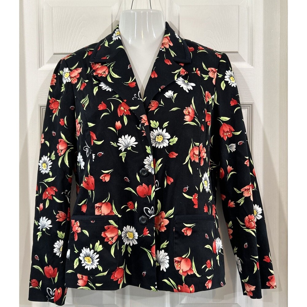 Alfred Dunner Women's 14 Blazer Floral Print Black Stretch Jacket